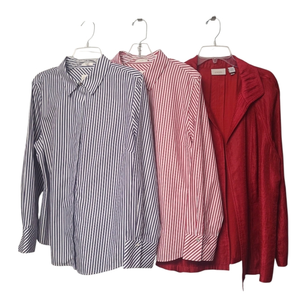 Chicos Size 2 Large No-Iron Shirts Red Jacket Striped Metallic Button-Up Lot